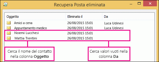 Ordinare in base alla colonna Oggetto o Da per trovare i contatti