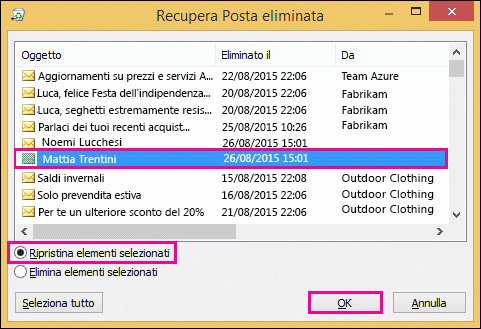 Selezionare un contatto da ripristinare e fare clic su OK