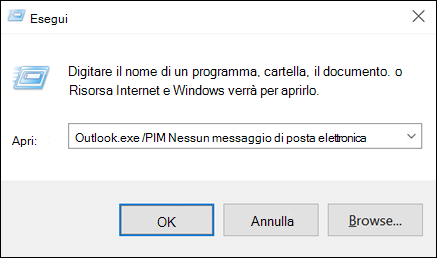 Usare la finestra di dialogo Esegui per creare un profilo senza posta elettronica