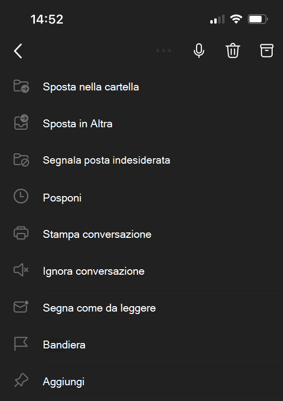 Menu dei puntini di sospensione nella parte superiore dello schermo per Outlook Mobile