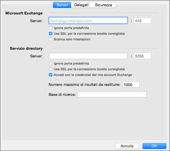 Impostazioni del server degli account di Exchange