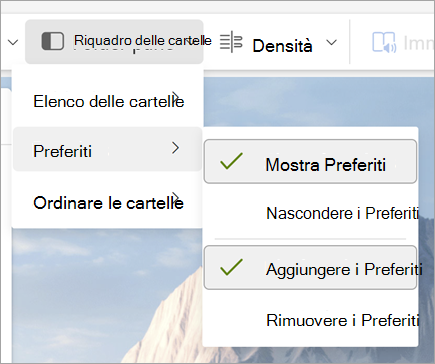 Screenshot dell'elenco a discesa del riquadro delle cartelle con l'opzione Mostra preferiti e Aggiungi preferiti selezionata