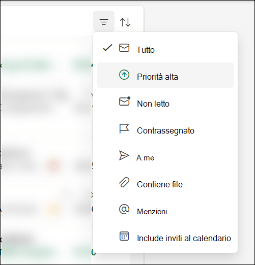 Il menu del filtro dei messaggi in Outlook che mostra che priorità alta è un'opzione.