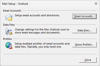 Finestra di dialogo Impostazioni di posta - Outlook accessibile tramite impostazioni di Posta in Pannello di controllo.