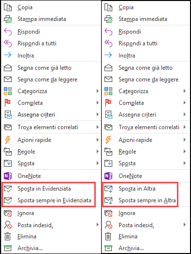Visualizzazione affiancata delle opzioni Sposta e Sposta sempre