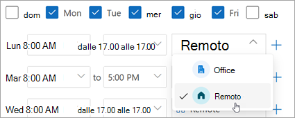 Screenshot che mostra Remoto selezionato nell'elenco a discesa della posizione di lavoro