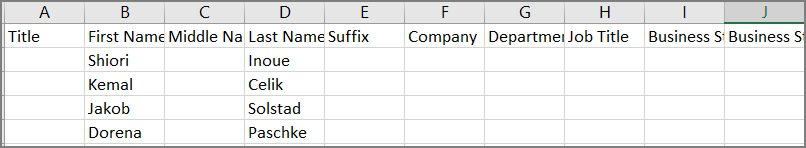 Esempio di file CSV dopo l'esportazione dei contatti da Outlook