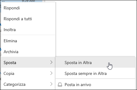Screenshot che mostra il menu di scelta rapida con le opzioni Sposta in Altra posta in arrivo e Sposta sempre in Altra posta in arrivo.