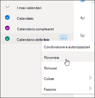 Screenshot del menu di scelta rapida del calendario, con Rinomina selezionato