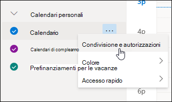 Screenshot del cursore che passa sopra Condivisione e autorizzazioni in un menu di scelta rapida del calendario