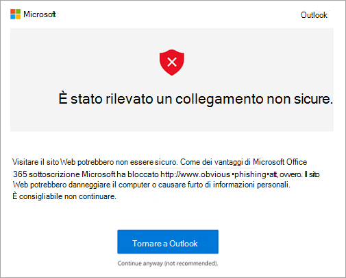 Screenshot della schermata di avviso del collegamento non sicuro