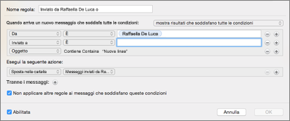 Creare una regola da un messaggio di posta elettronica esistente