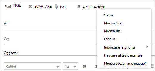 Screenshot che mostra le opzioni disponibili nel comando Altro sulla barra degli strumenti del messaggio di posta elettronica.