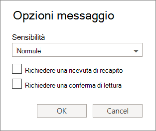 Screenshot della finestra di dialogo Opzioni messaggio che mostra le opzioni per impostare un livello di riservatezza e richiedere una conferma di recapito o di lettura.