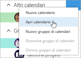 Screenshot del menu di scelta rapida per Altri calendari, con Apri calendario selezionato.