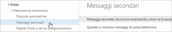 Screenshot del cursore che passa su Messaggi secondari nel menu Impostazioni.