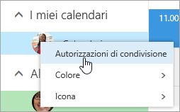Screenshot del menu di scelta rapida del calendario, con Autorizzazioni condivisione selezionato.