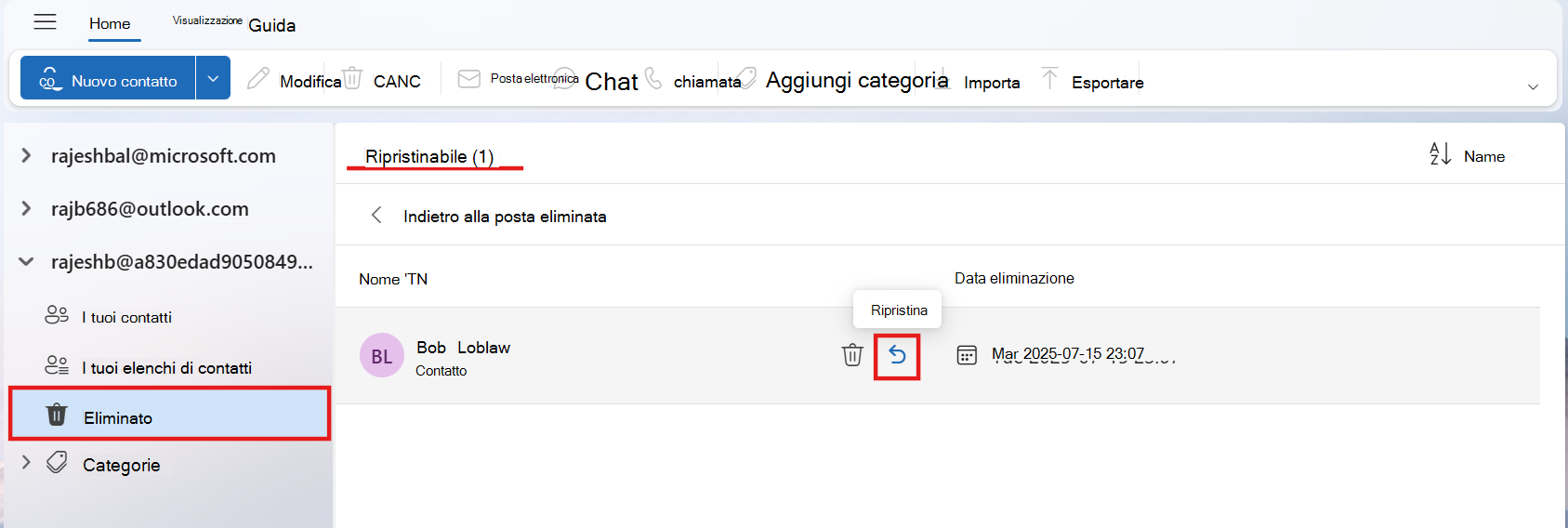 Screenshot della cartella ripristinabile che mostra un contatto con le evidenziazioni sull'icona Ripristina e il nome della cartella per Ripristinabile