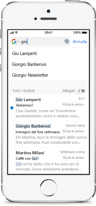 Mostra lo schermo di un dispositivo mobile, con alcune lettere digitate nella casella di Ricerca e i suggerimenti sotto.