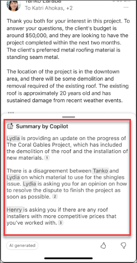 Un messaggio di posta elettronica di riepilogo da Copilot in iOS e Android