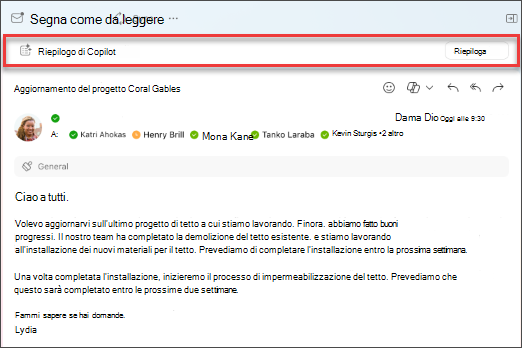 Selezionare riepilogo per Copilot per creare un riepilogo di un thread di messaggi di posta elettronica.