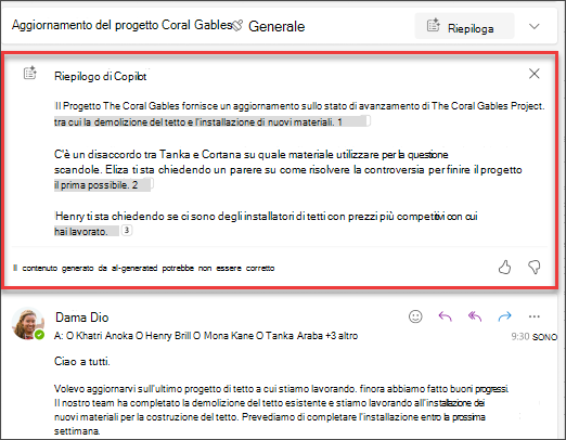 Riepilogo del thread di posta elettronica con citazioni create da Copilot.