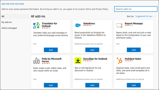 Finestra di dialogo Componenti aggiuntivi per Outlook in Outlook per Mac