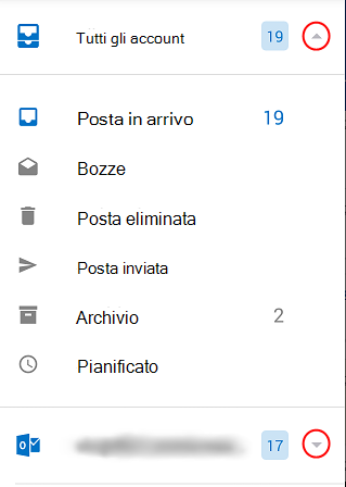 Mostra le cartelle di Outlook con frecce cerchiate nel lato destro della schermata.