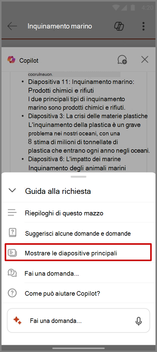 Screenshot di Copilot in PowerPoint nel dispositivo Android con il prompt Mostra diapositive chiave