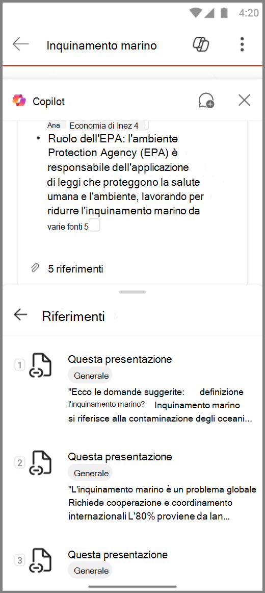 Screenshot di Copilot in PowerPoint nel dispositivo Android con riferimenti per la risposta Riepiloga questa presentazione