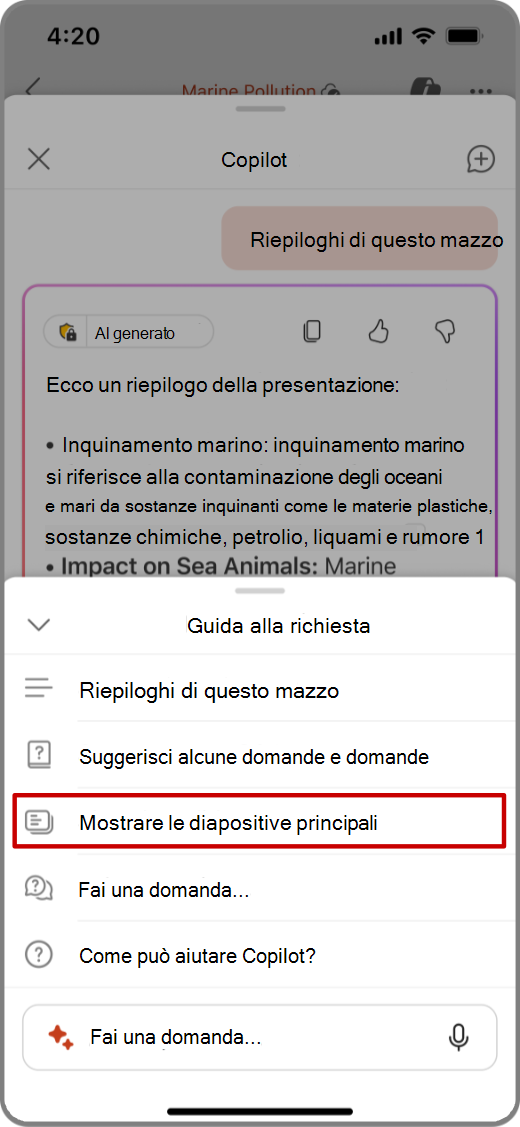 Screenshot di Copilot in PowerPoint nel dispositivo iOS con il prompt Mostra diapositive chiave