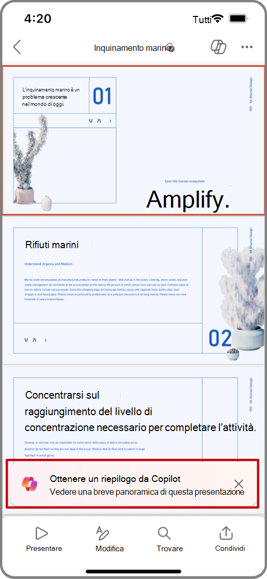 Screenshot di Copilot in PowerPoint nel dispositivo iOS con il prompt Ottieni riepilogo evidenziato