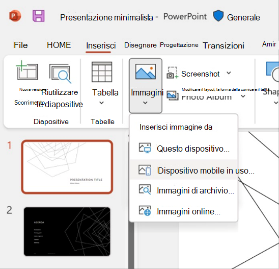 Screenshot dell'inserimento di un'immagine da un dispositivo mobile in PowerPoint.