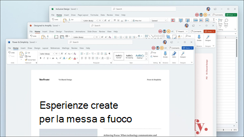 Word, Excel e PowerPoint visualizzati con aggiornamenti visivi sulla barra multifunzione e angoli arrotondati per adattarli all’interfaccia utente di Windows 11.