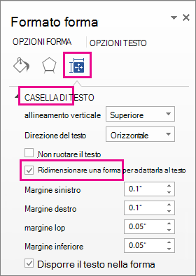 Selezione di Adatta dimensioni forma al testo nel riquadro Formato forma