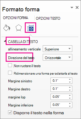 Selezione dell'orientamento del testo nel riquadro Formato forma