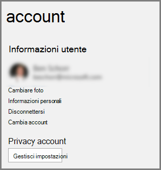 Riquadro Account con privacy dell'account, pulsante Gestisci impostazioni