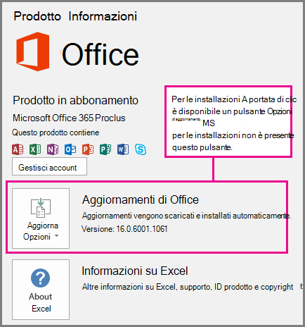 Per le installazioni A portata di clic è presente un pulsante Opzioni di aggiornamento nella pagina Account. Per le installazioni basate su MSI questo pulsante non è presente.