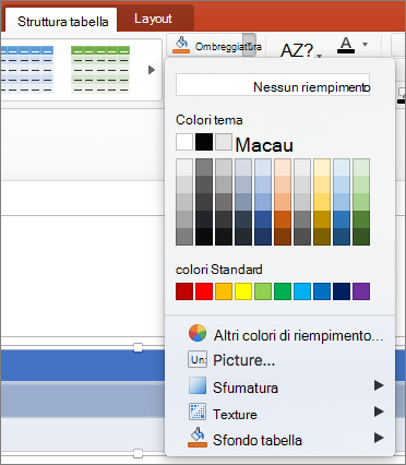 Screenshot della scheda Struttura tabella in cui è selezionata la freccia a discesa Sfondo per visualizzare le opzioni disponibili, tra cui Nessun riempimento, Colori tema, Colori Standard, Altri colori di riempimento, Immagine, Sfumatura, Trama e Sfondo tabella.