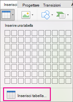 Voce di menu Inserisci tabella