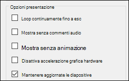 Gruppo di opzioni Mostra in Imposta Presentazione con Mantieni le diapositive aggiornate abilitato.