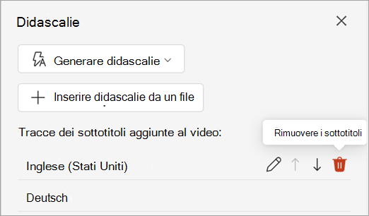 Pulsante Rimuovi didascalie per una traccia di didascalie nel riquadro Didascalie.