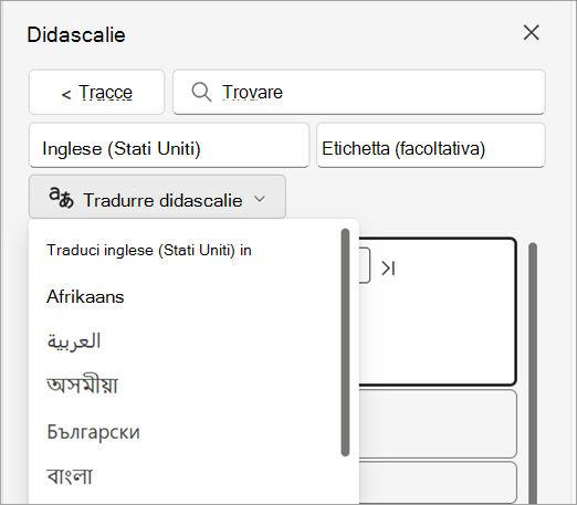 Elenco a discesa Traduci didascalie nel riquadro Didascalie.