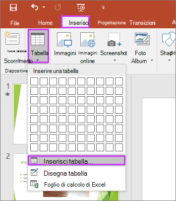 Mostra le opzioni Tabella nella scheda Inserisci sulla barra multifunzione di PowerPoint