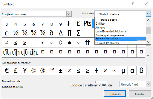 Mostra il subset Pedici e apici nella finestra di dialogo Simbolo in PowerPoint