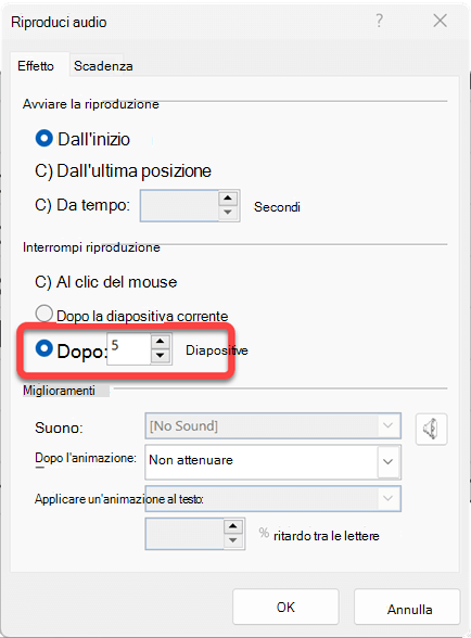 È possibile specificare il numero di diapositive su cui verrà riprodotto il clip audio.
