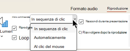Nella scheda Riproduzione per i file audio sono disponibili tre opzioni per avviare la riproduzione dell'audio.
