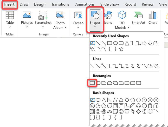 Selezionare la scheda Inserisci, quindi selezionare Forme, quindi selezionare una forma rettangolare.