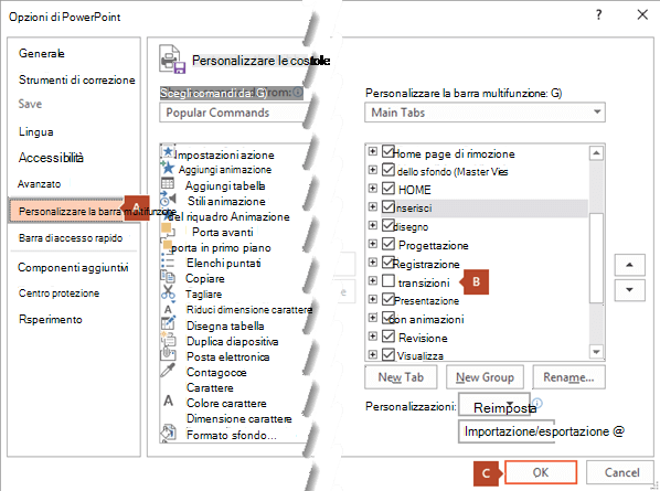 La scheda Personalizzazione barra multifunzione della finestra di dialogo Opzioni di PowerPoint 2016 ha un'opzione per aggiungere la scheda Registrazione alla barra multifunzione di PowerPoint.