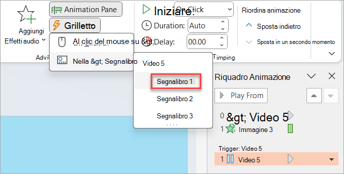 Dove impostare un trigger per un'animazione; in questo caso, quando viene raggiunto un segnalibro su un video.